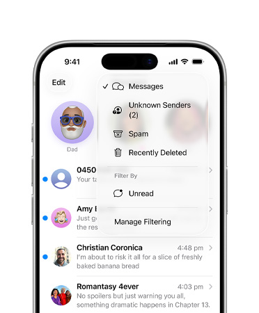 iPhone, top two-thirds showing Messages app with new screening tools feature that now filters unknown numbers into a section called Unknown Senders