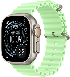 Apple Watch Ultra 3 com caixa de titânio natural, mostrador Orientação, complicações: Índice UV, Atividade, Bússola, lateral direita, Digital Crown, microfone, botão lateral, pulseira Oceano, verde-néon