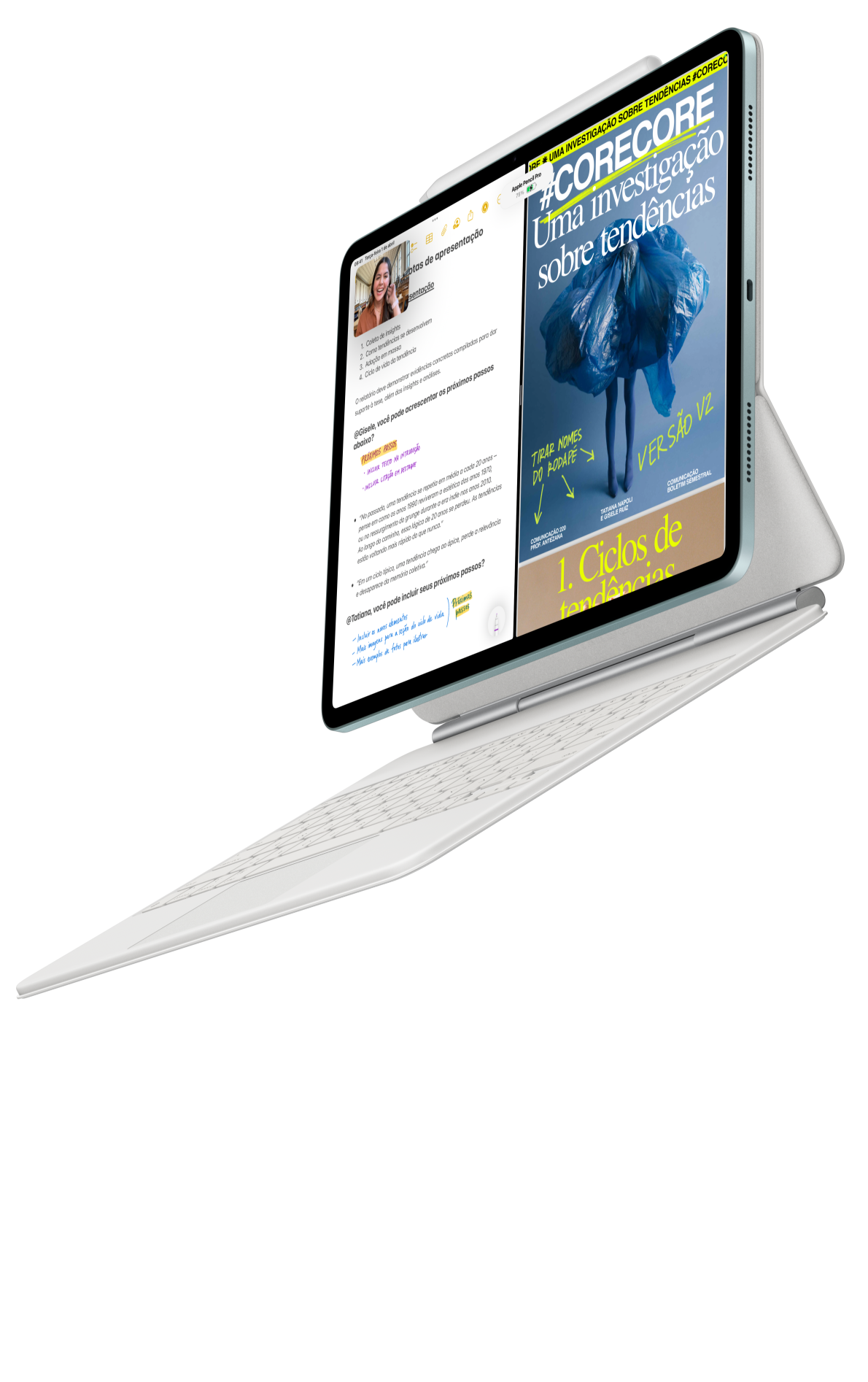 iPad Air se fixando a um Magic Keyboard para iPad Air e um Apple Pencil Pro.