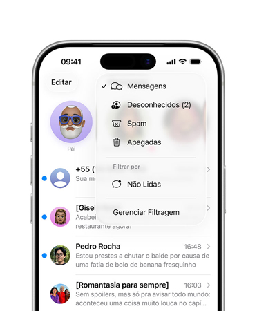 iPhone, dois terços superiores da tela mostram o app Mensagens com as novas ferramentas de filtragem que separam os números desconhecidos em uma seção chamada Remetentes Desconhecidos
