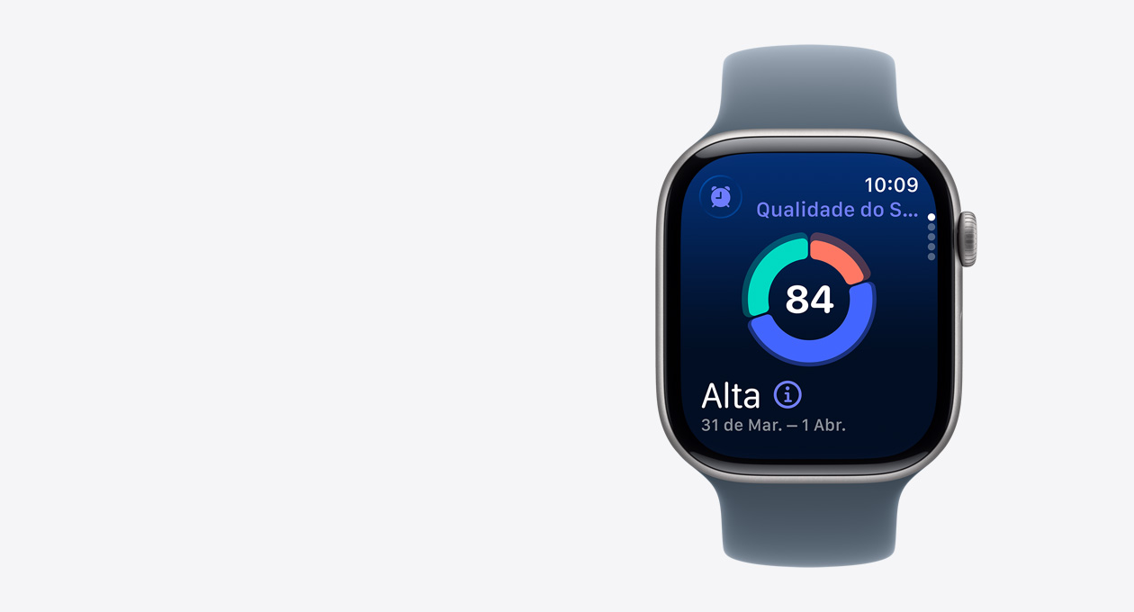Apple Watch Series 11 com caixa cinza-espacial de alumínio, tela com a pontuação do sono