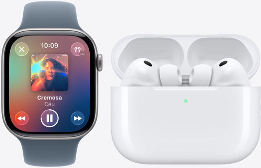 Apple Watch Series 11, app Apple Music, reproduzindo, AirPods Pro 3, cor branca, fones de ouvido, pontas de silicone, microfone, estojo de recarga MagSafe, aberto, bordas arredondadas