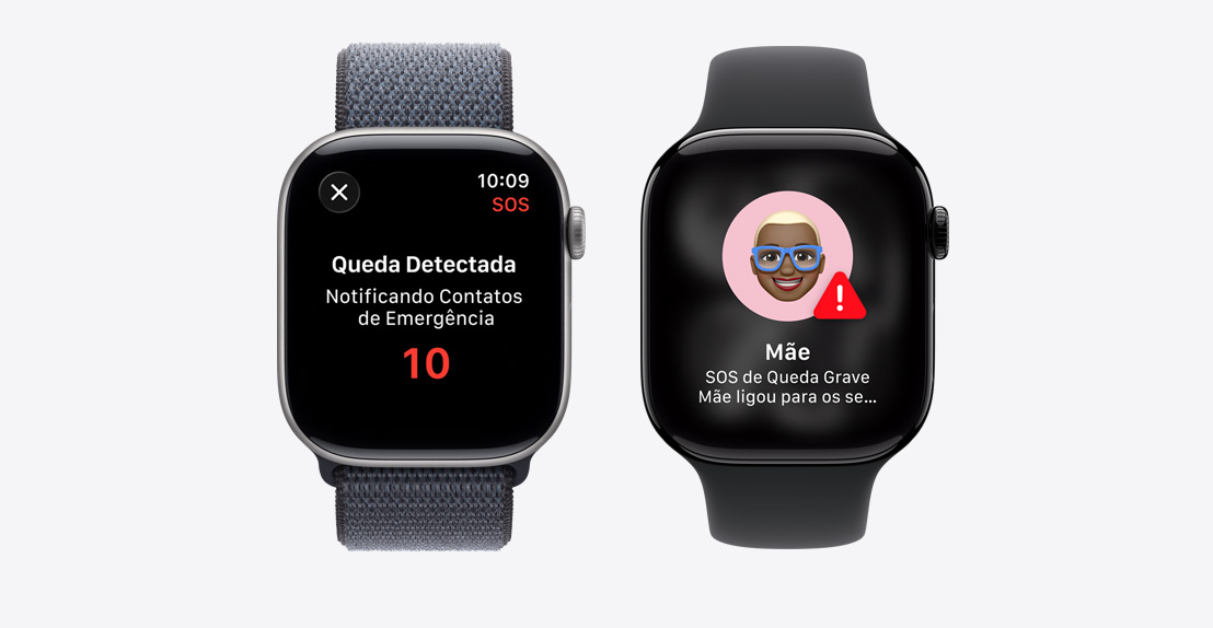 Apple Watch Series 11, notificação de Detecção de Queda, botão Ligação de Emergência, segunda notificação diz: Mãe sofreu uma queda brusca e ligou para os serviços de resgate