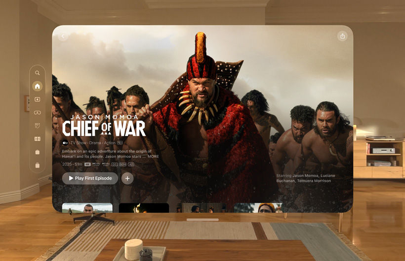The Apple TV experience of Apple Vision Pro is displayed in a living room. It shows a still image from the Apple TV series Silo