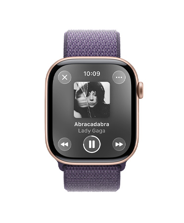 Apple Watch Series 11, rose gold colour, aluminum case, Apple Music, music and podcast suggestions, right side exterior, Digital Crown, band, purple fog Sport Loop