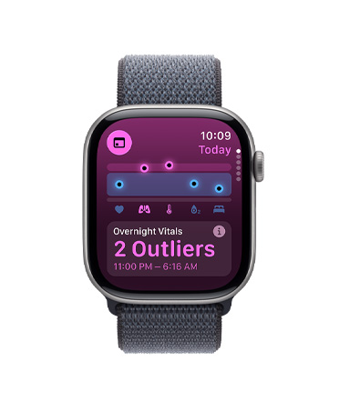 Apple Watch Series 11, space grey colour, aluminum case, Vitals app, health score chart, overnight vitals outliers notification, right side exterior, Digital Crown, Sport Loop, dark grey colour