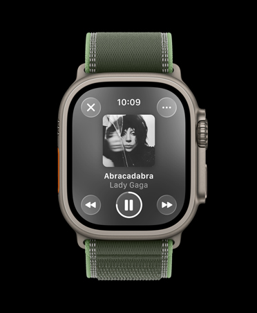 Apple Watch Ultra 3, titanium case, natural colour, Apple Music, workout playlist, controls, previous song, next song, pause, Trail Loop, green/neon colour