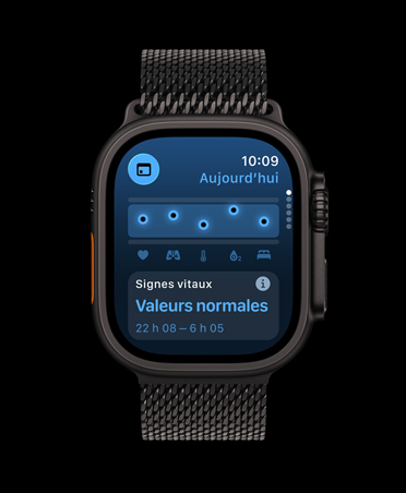 Apple Watch Ultra 3, black color, titanium case, Vitals app, chart scoring health, Overnight Vitals outliers notification, band, black Milanese Loop