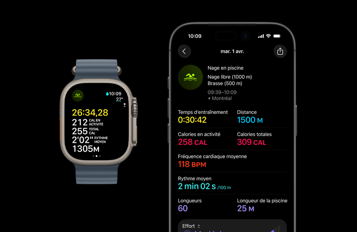 Apple Watch Ultra 3, naturel, boîtier en titane, données de l’entraînement de nage en piscine, analyse complète affichée sur l’iPhone jumelé