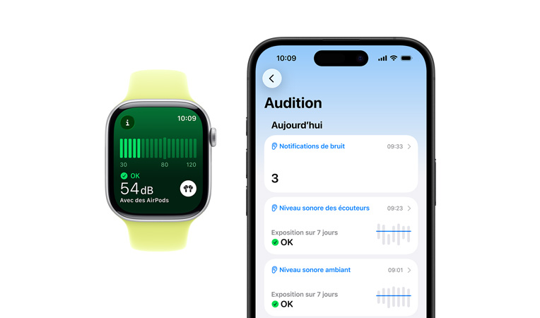 Apple Watch Series 11, boîtier en aluminium, argent, app Bruit, bracelet sport jaune fluo, résumé détaillé quotidien de la catégorie Audition affiché sur un iPhone jumelé