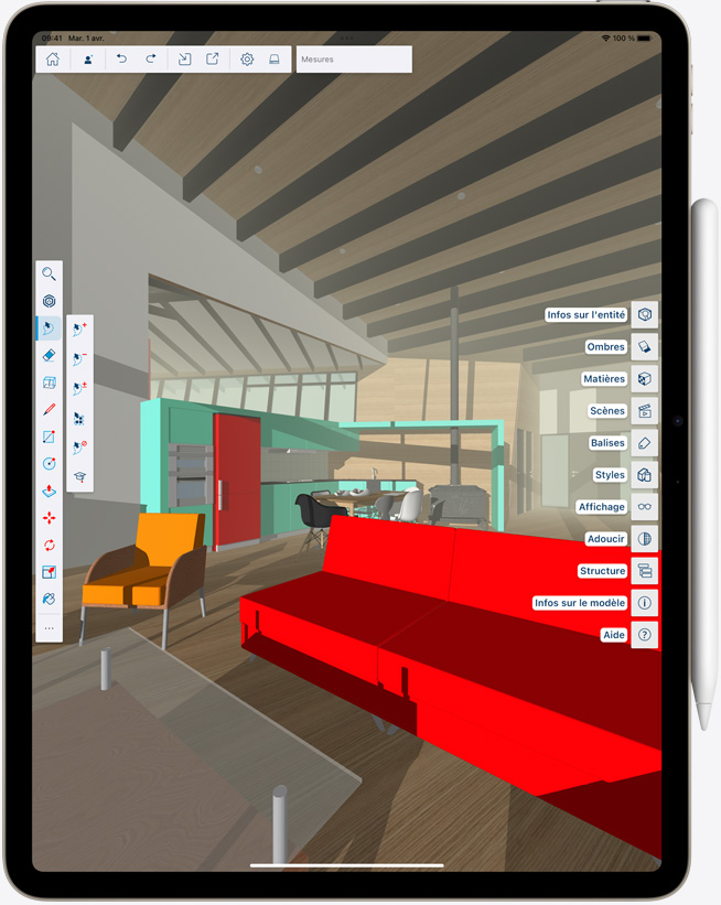 iPad Air avec un Apple Pencil attaché, orientation portrait, image colorée à l’écran