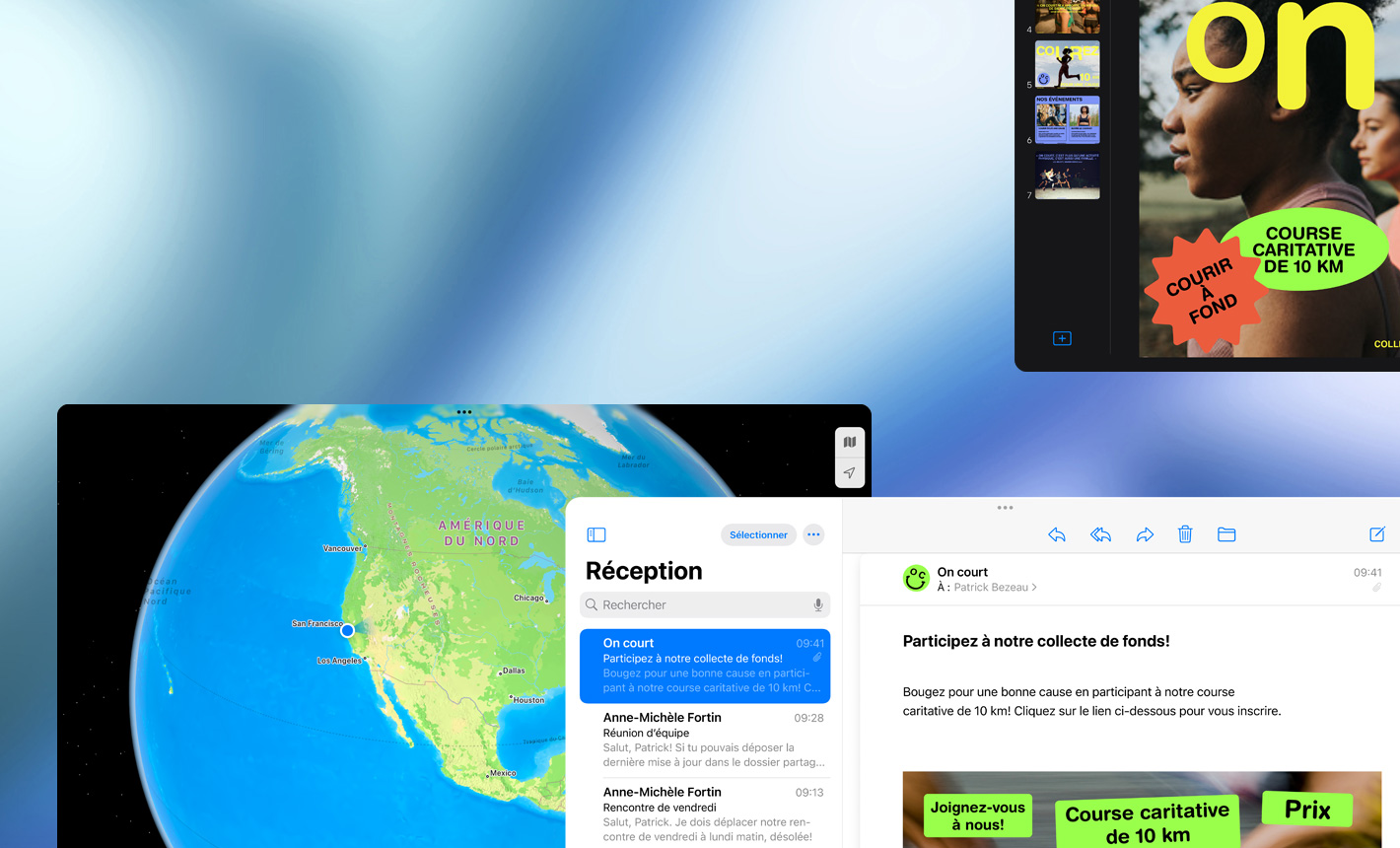 Plusieurs écrans affichant diverses apps en cours d’utilisation, orientation paysage
