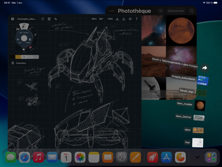 Des iPad Pro, faces avant, orientation paysage, noir infini, Apple Pencil Pro sur iPad Pro, trois écrans montrant des apps de retouche photo avec des projets ouverts où l’on voit une personne posant devant un fond rouge, des croquis de modèles mécaniques avec des outils d’ajustement des couleurs, une photothèque, les éléments du dossier de téléchargement qui se déploient, un logiciel de modélisation 3D avec des formes géométriques et des annotations et formules écrites à la main