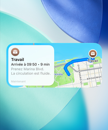 Widget Plans montrant le nouveau planificateur de chemins préférés, avec des renseignements sur la circulation, l’heure d’arrivée et la durée du trajet