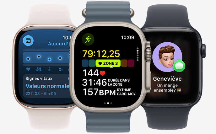 Trois modèles d’Apple Watch : celle du centre, en naturel, affiche une course en cours et des données sur la fréquence cardiaque; celle de droite, en noir de jais, affiche un Genmoji sur le cadran; celle de gauche, en or rose, affiche les signes vitaux.