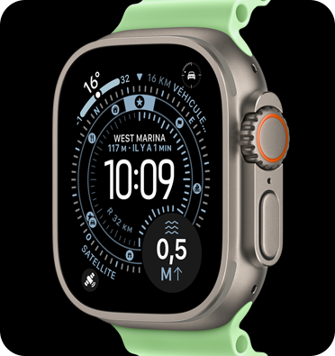 Apple Watch Ultra 3, naturel, boîtier en titane, cadran Orientation, complications : météo, position du véhicule stationné, satellite, distance jusqu’à la surface, côté droit extérieur, Digital Crown, microphone, bouton latéral, bracelet Océan, vert fluo