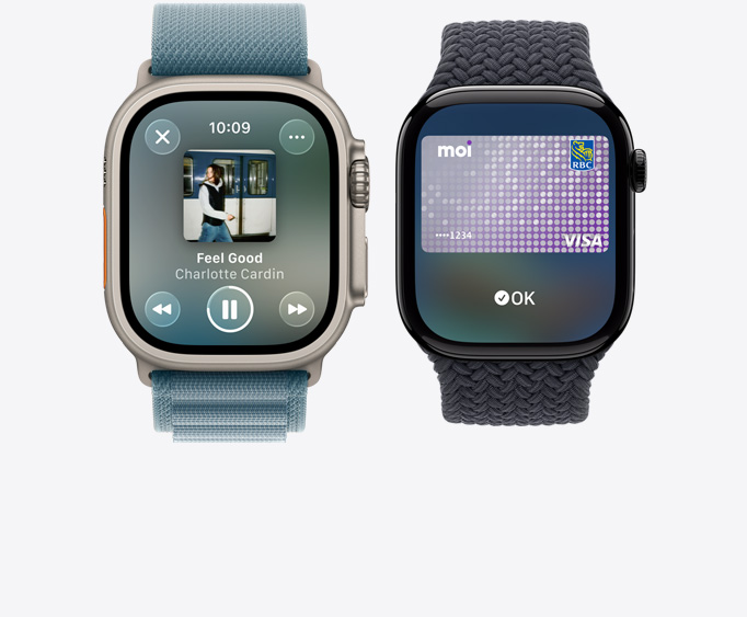 Apple Watch Ultra 3, boîtier en titane, naturel, app Apple Music, écran À l’écoute, Apple Watch Series 11, boîtier en aluminium, noir de jais poli, écran Apple Pay, carte de paiement