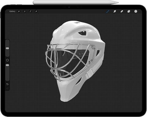 An iPad with a blank white goalie mask on the screen, ready to be designed.
