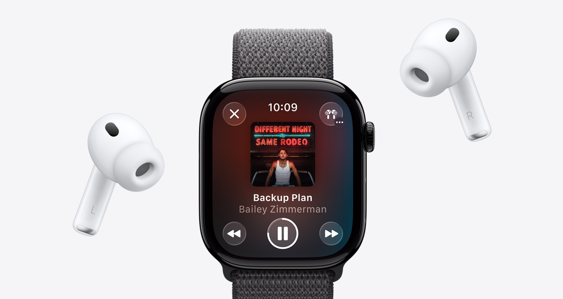 AirPods Pro 3, white, silicone tips, Apple Watch Series 11, aluminum case, polished Jet Black colour, Apple Music playing