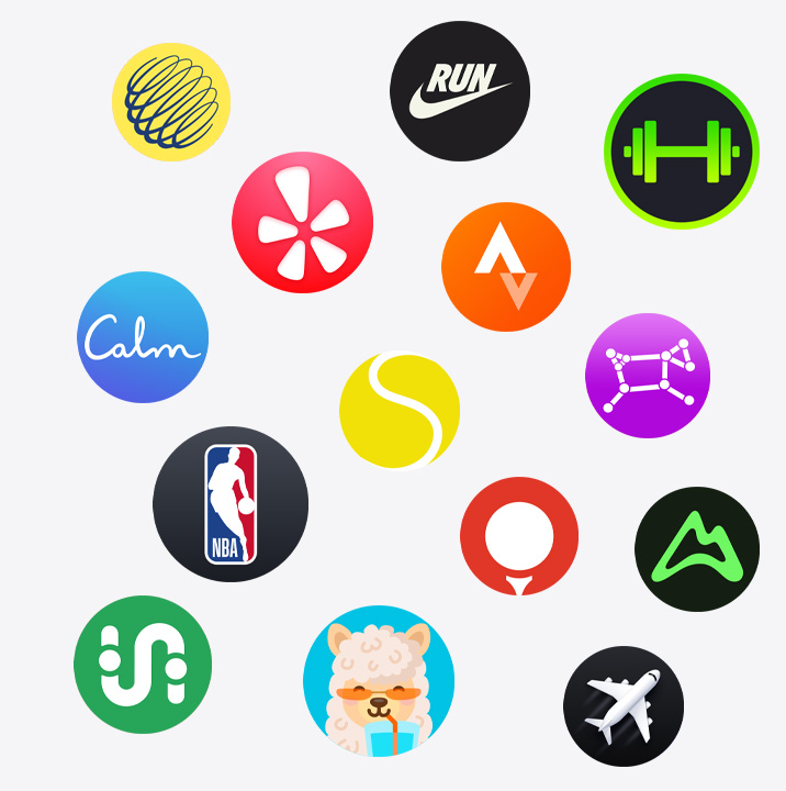 Apple Watch app icons: ChargePoint, Yelp, Nike Run Club, SmartGym, Calm, NBA, SwingVision, Oceanic+, WeChat, Waterllama, Golfshot, JetBlue, AllTrails