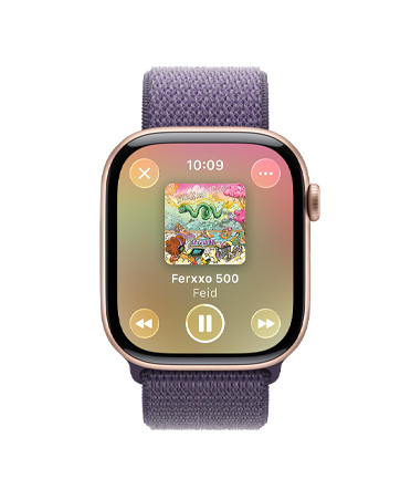 Apple Watch Series 11, color oro rosa, caja de aluminio, Apple Music, sugerencias de música y podcasts, parte lateral derecha, Digital Crown, correa loop deportiva morado niebla
