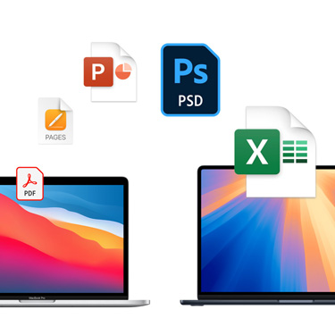 Vista frontal de dos MacBook, uno al lado del otro, con diferentes fondos de escritorio coloridos. Íconos de archivos se muestran en forma de arco sobre los MacBook. Estos incluyen un archivo de Acrobat, uno de Pages, uno de PowerPoint, uno de Photoshop y uno de Excel.