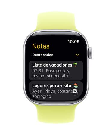 Apple Watch Series 11 en cuya pantalla se ve la app Notas con dos notas destacadas