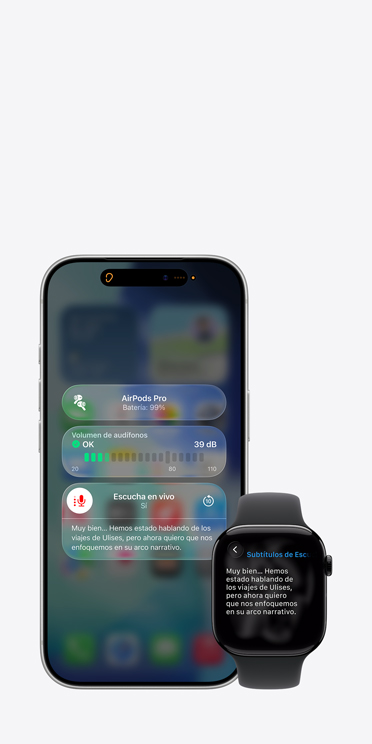 Pantalla del iPhone 17 Pro que muestra una sesión activa de Escucha en Vivo, con subtítulos de una captura de audio y la pantalla de un Apple Watch Series 11 que muestra Subtítulos en Vivo de la misma captura de audio