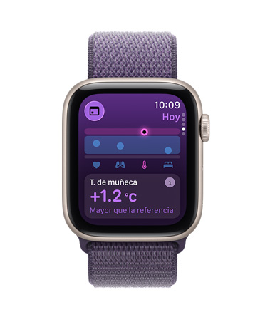 Apple Watch SE 3, caja de aluminio, color blanco estelar, datos de temperatura de la muñeca, parte lateral derecha, Digital Crown, correa loop deportiva, color morado niebla