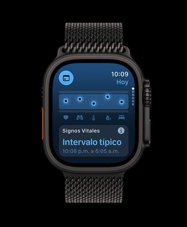 Apple Watch Ultra 3, black color, titanium case, Vitals app, chart scoring health, Overnight Vitals outliers notification, band, black Milanese Loop