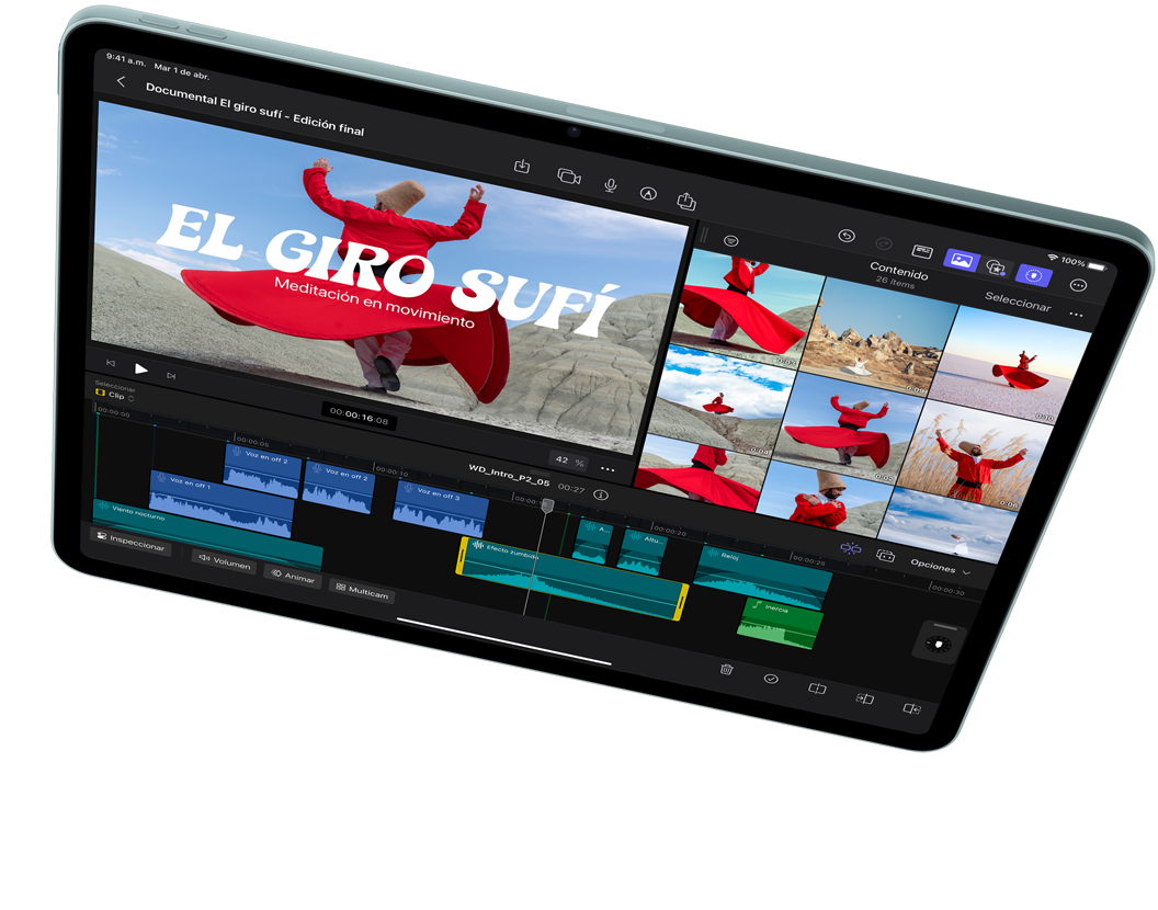 iPad Air en posición horizontal, muestra la edición de un video en Final Cut Pro