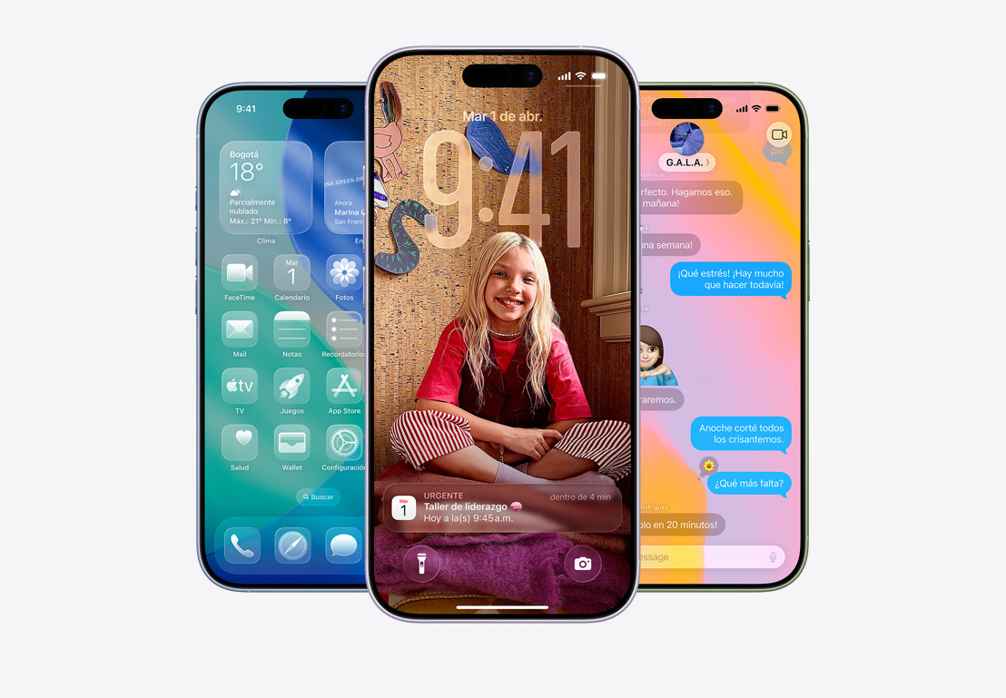 Pantalla de un iPhone que muestra el aviso para filtrar una llamada, pantalla de un iPhone que muestra un aviso de Calendario sobre un fondo personalizado con la foto de una niña, pantalla de un iPhone que muestra Mensajes con diseño de Liquid Glass