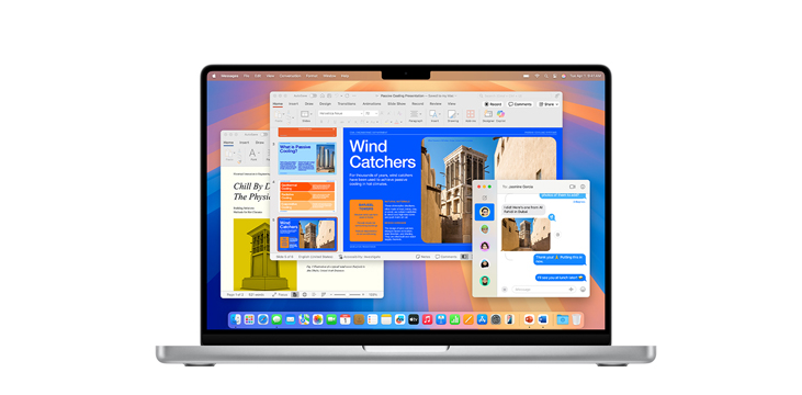Demostración de apps como Microsoft PowerPoint y Mensajes en un MacBook Pro con chip M4.
