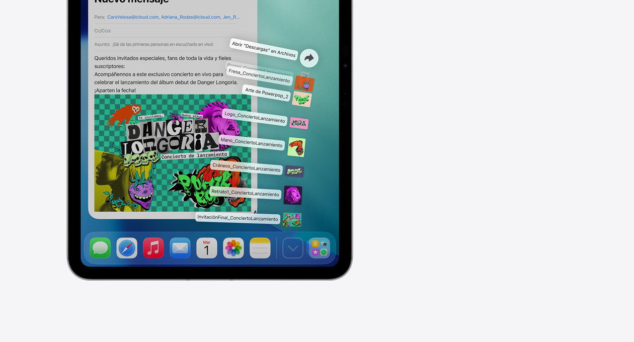 Primer plano de la app Dock en la parte inferior del dispositivo Apple con una serie de archivos desplegados en vertical