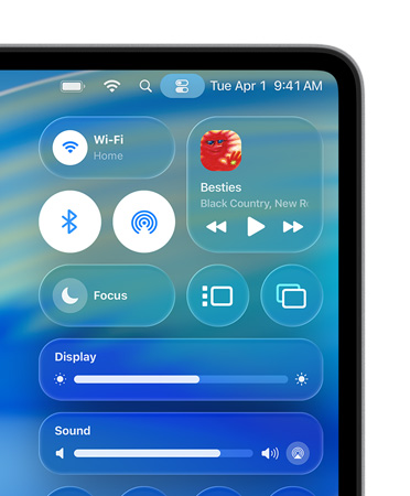 Pravá strana obrazovky Macu se zobrazenými Liquid Glass ovládacími prvky pro Wi‑Fi a Bluetooth v Ovládacím centru
