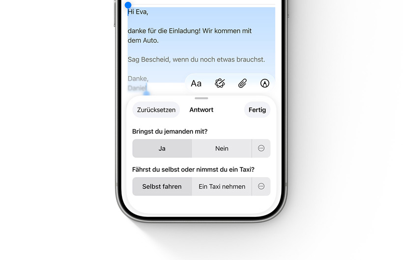 Optionen für intelligente Antworten in der Mail App auf einem iPhone.