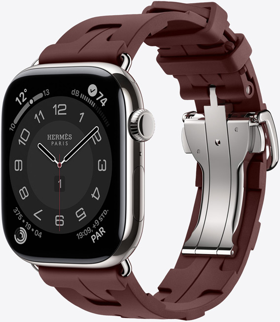 Apple Watch Hermès Series 11, Titangehäuse, Farbe Silber, Kilim Armband, Farbe Bordeaux, leicht zu öffnende Metallschließe Silber