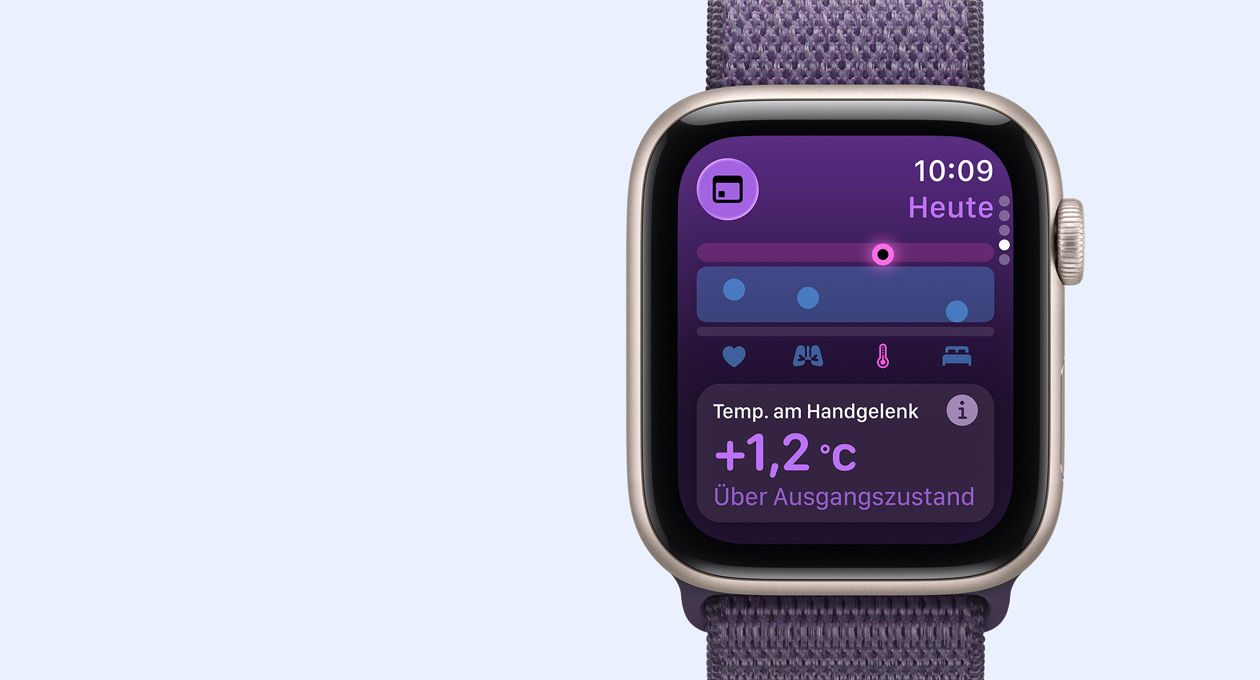 Apple Watch SE 3, Aluminiumgehäuse, Farbe Mitternacht, Daten der Temperaturerkennung am Handgelenk, rechte Seitenansicht, Digital Crown, Armband, Sport Loop, Farbe Maritimblau