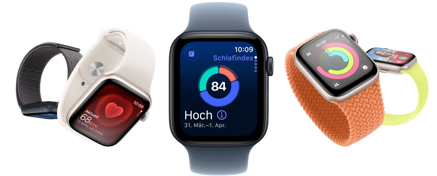 Apple Watch SE 3 Geräte, Aluminiumgehäuse, Farben Polarstern und Mitternacht, die Displays zeigen: Vitalzeichen App, Herzfrequenz App, Schlafindex, Aktivitätsringe, eingehender Anruf