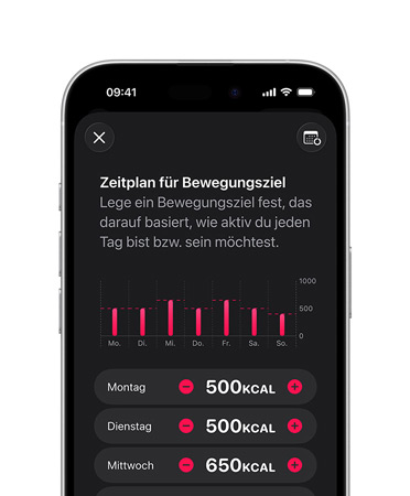 iPhone 16 Pro, Farbe Titan Schwarz, detaillierter täglicher Zeitplan für Bewegungsziel