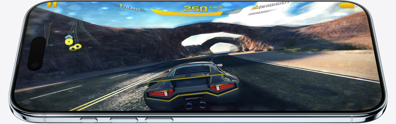 iPhone Air, Vorderseite, Seite, zeigt ein Standbild aus einem Spiel, Tasten: Actiontaste, Lautstärketasten