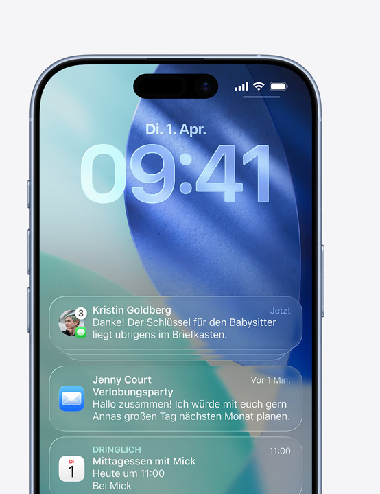 Ein iPhone Display mit Fenstern für Nachrichten, Mail und Kalender