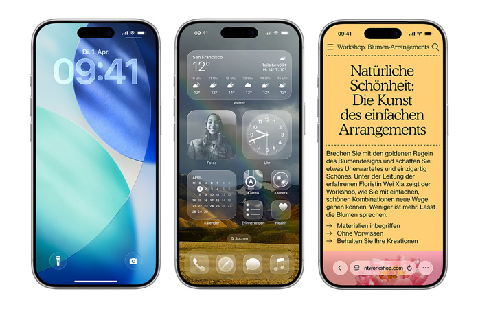 iPhone Geräte nebeneinander, die verschiedene neue Designelemente in iOS zeigen, wie den Sperrbildschirm mit transluzenten Liquid Glass Ziffern für die Uhrzeit und einen Homescreen mit transparenten Liquid Glass App Symbolen