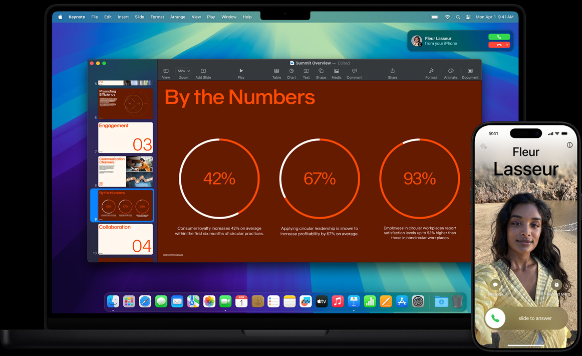MacBook Pro next to iPhone — user receives notification on MacBook Pro screen for incoming phone call