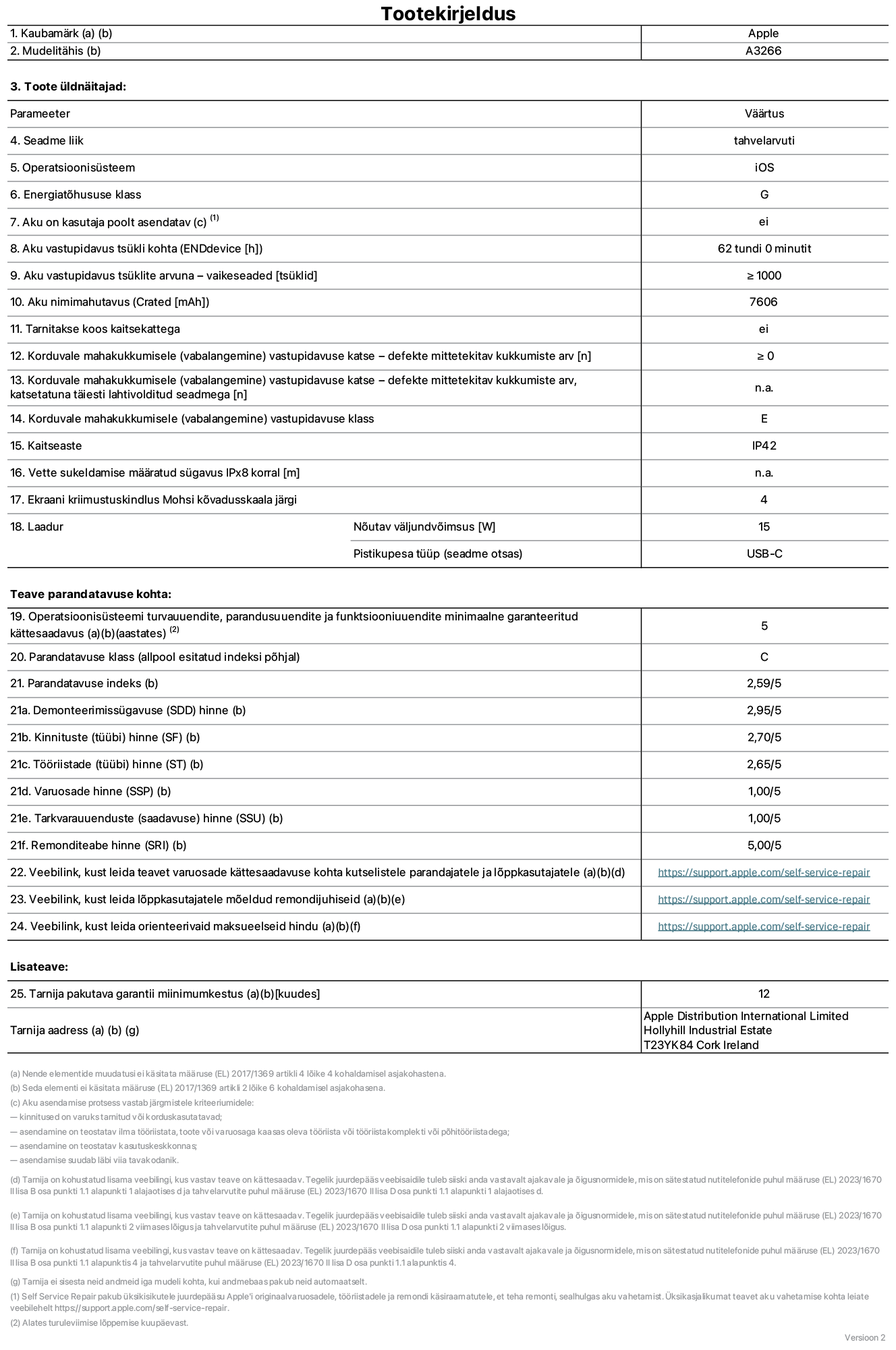 11-tollise iPad Air Wi-Fi toote infoleht. Mudel A3266. Tarnija on Apple UK Ltd, 100 New Bridge Street, London EC4V 6JA. Seadme tüüp: tahvelarvuti. Operatsioonisüsteem: iOS. Standard Dynamic Range'i energiatõhususklass: G. Aku vastupidavus: 62 tundi. Aku kestvustsüklid – vaikesätted: ≥ 1000. Akumaht: 7606 mAh. Korduv vabalangemise usaldusväärsustest – kukub ilma defektita: ≥ 0. Korduv vabalangemise usaldusväärsusklass: E. Tolmu- ja veekindluse kaitse hinnang: IP42. Ekraani kriimustuskindlus Mohsi kõvaduse skaalal: 4. Laadija nõutav väljundvõimsus: 15W. Laadija tüüp: USB-C. Opsüsteemi turbe-, parandus- ja funktsionaalsusvärskenduste minimaalne tagatud saadavus: 5 aastat. Parandatavusklass: C. Parandatavusindeks: 2,59/5. Lahtivõtmise sügavuse hinne: 2,95/5. Kinnitusdetailide (tüüp) hinne: 2,70/5. Tööriistade hinne: 2,65/5. Varuosade hinne: 1,00/5. Tarkvaravärskenduste hinne: 1,00/5. Parandusteabe hinne: 5,00/5. Teave varuosade kättesaadavuse kohta professionaalsetele parandajatele ja lõppkasutajatele: https://support.apple.com/self-service-repair. Parandusjuhised lõppkasutajatele: https://support.apple.com/self-service-repair. Soovituslikud maksueelsed hinnad: https://support.apple.com/self-service-repair. 12-kuune üldgarantii.