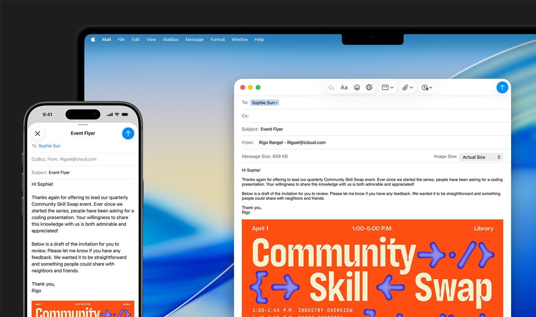 iPhone 16 Plus ja MacBook Pro, avatud on Maili rakendus, sama meili mustandit kuvatakse mõlemal ekraanil