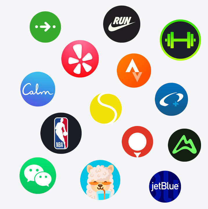 Apple Watch rakenduste ikoonid: ChargePoint, Yelp, Nike Run Club, SmartGym, Calm, NBA, SwingVision, Oceanic+, WeChat, Waterllama, Golfshot, JetBlue ja AllTrails