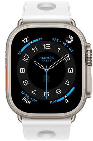 Apple Watch Hermès Ultra 3, caja de titanio, color natural, esfera Hermès Circulaire, complicaciones: tiempo, anillos de Actividad, hora de París, índice UV, correa Scub'H Diving, color Blanc