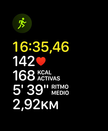 Entreno Correr, icono de correr, métricas: tiempo, frecuencia cardiaca, ritmo de tramo, ritmo medio, distancia