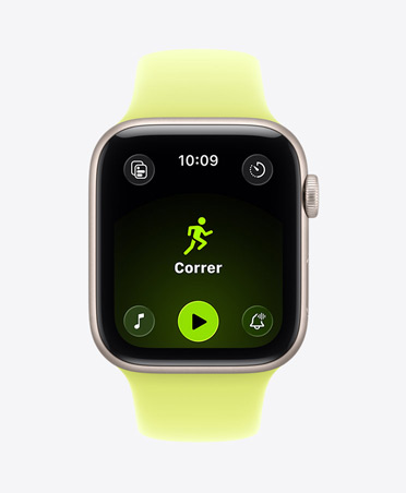 Apple Watch SE 3, caja de aluminio, color blanco estrella, entreno Correr, controles de Apple Music en la parte inferior de la pantalla, correa deportiva, color amarillo neón